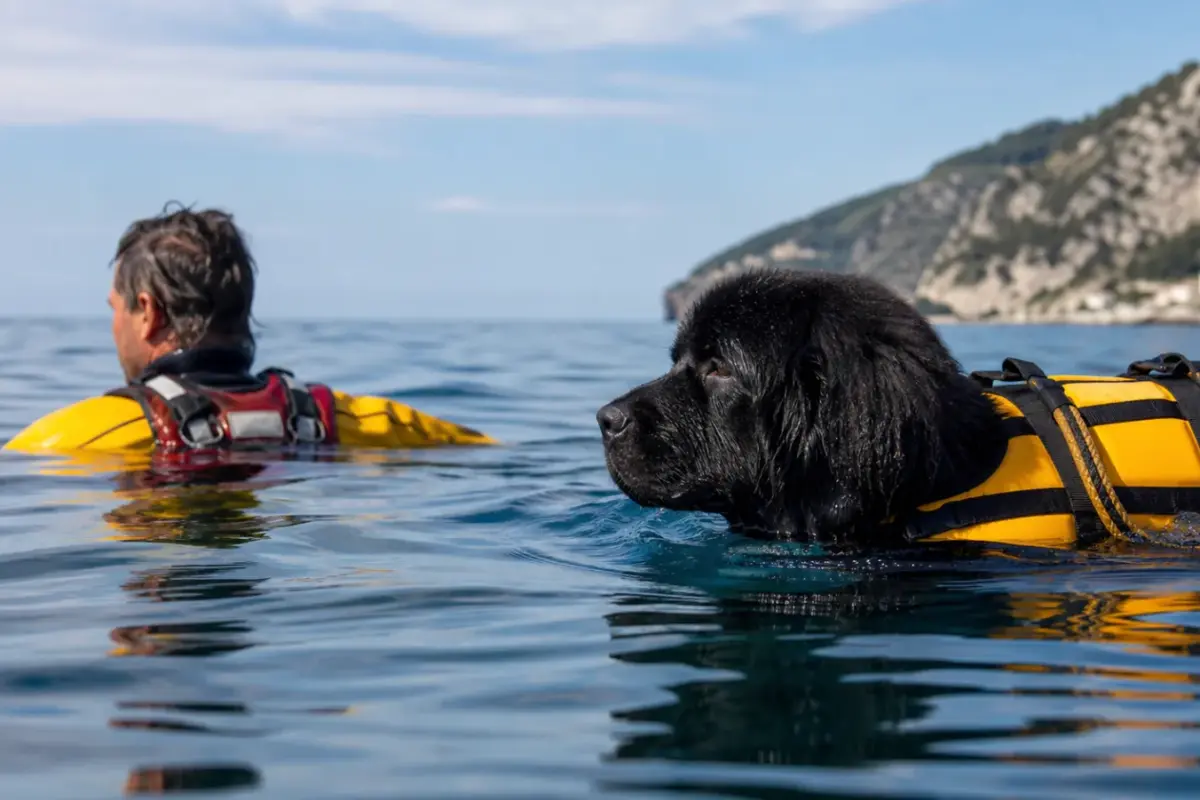 Cane bagnino addestrato durante un intervento di salvataggio in acqua