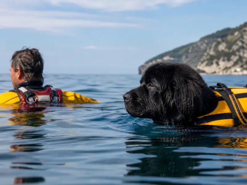 Cane bagnino addestrato durante un intervento di salvataggio in acqua