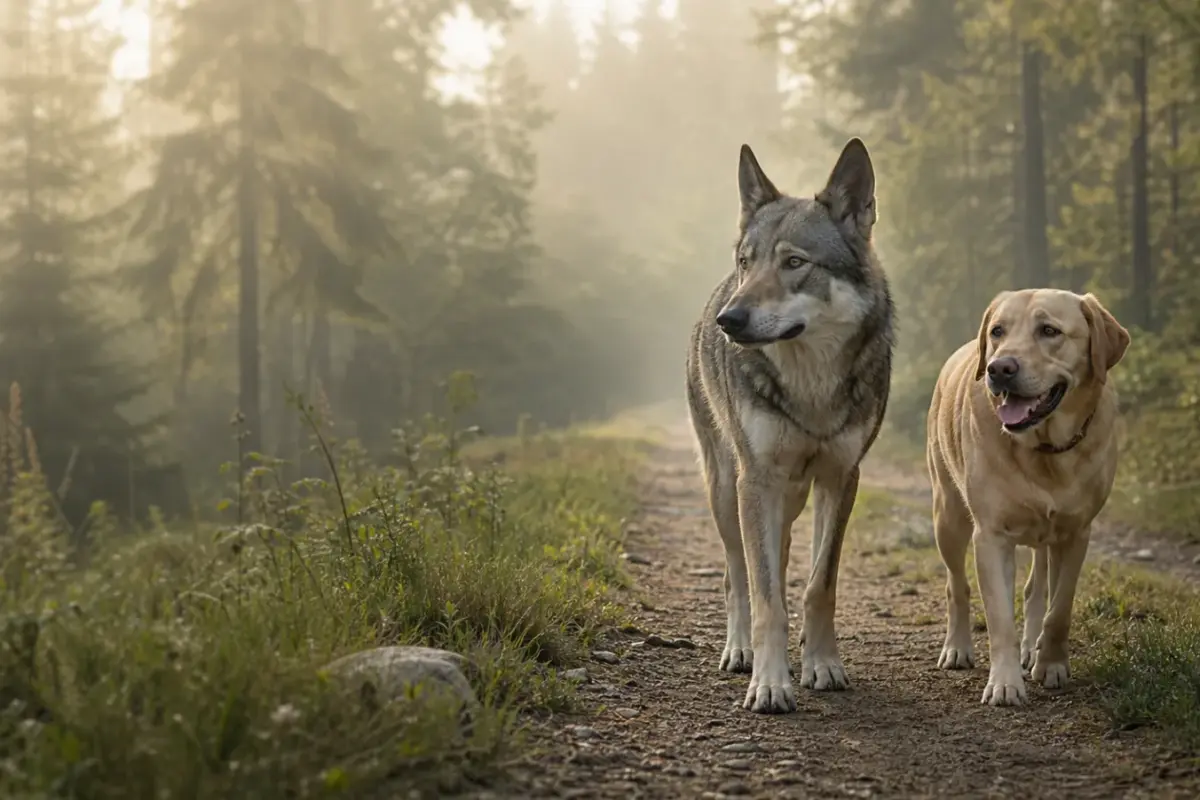Cane e lupo osservati in un bosco per raccontare l'evoluzione della specie