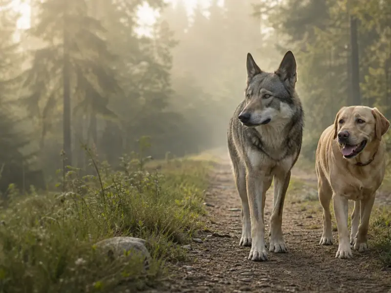 Cane e lupo osservati in un bosco per raccontare l'evoluzione della specie