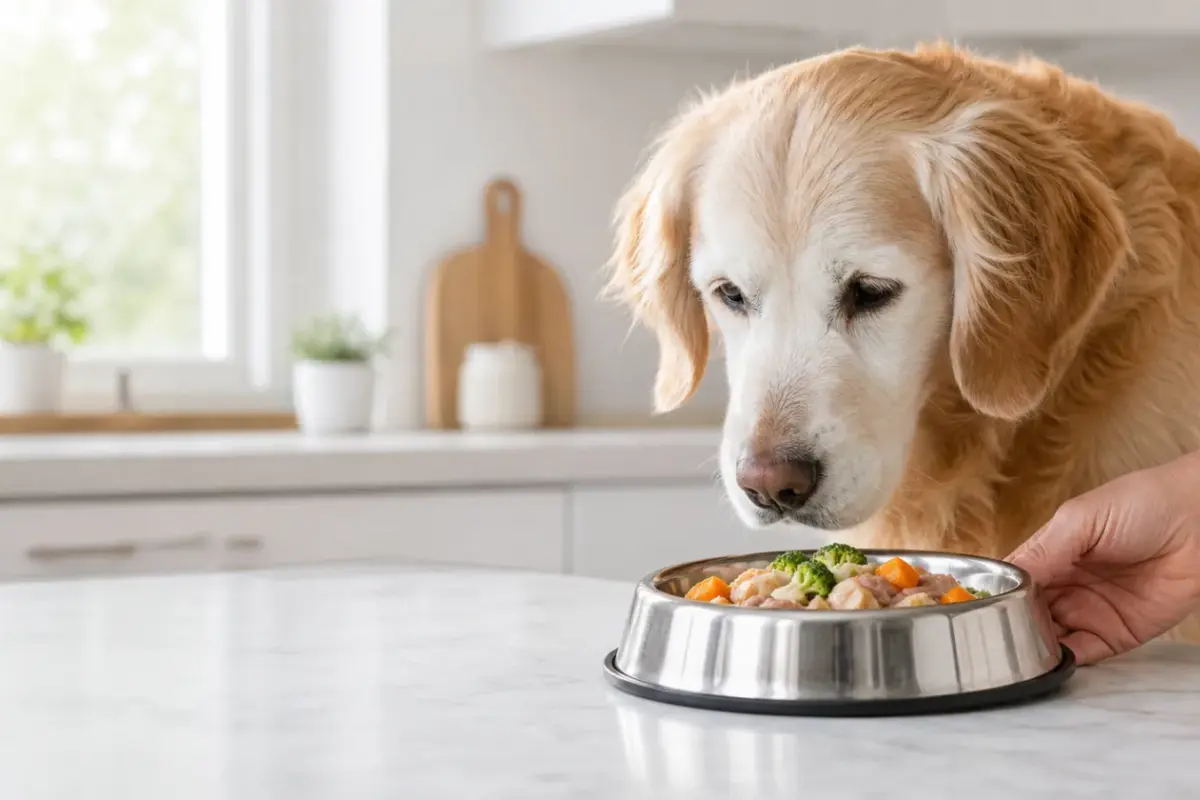 Veterinaria visita un cane anziano per valutare una dieta speciale