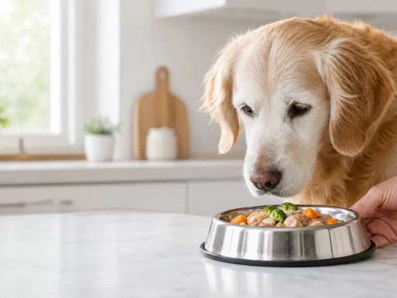 Veterinaria visita un cane anziano per valutare una dieta speciale