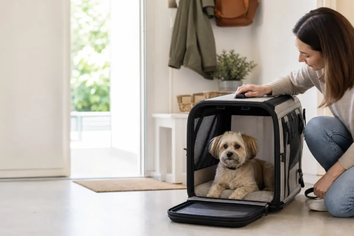 Cane rilassato in un trasportino sicuro e ben ventilato