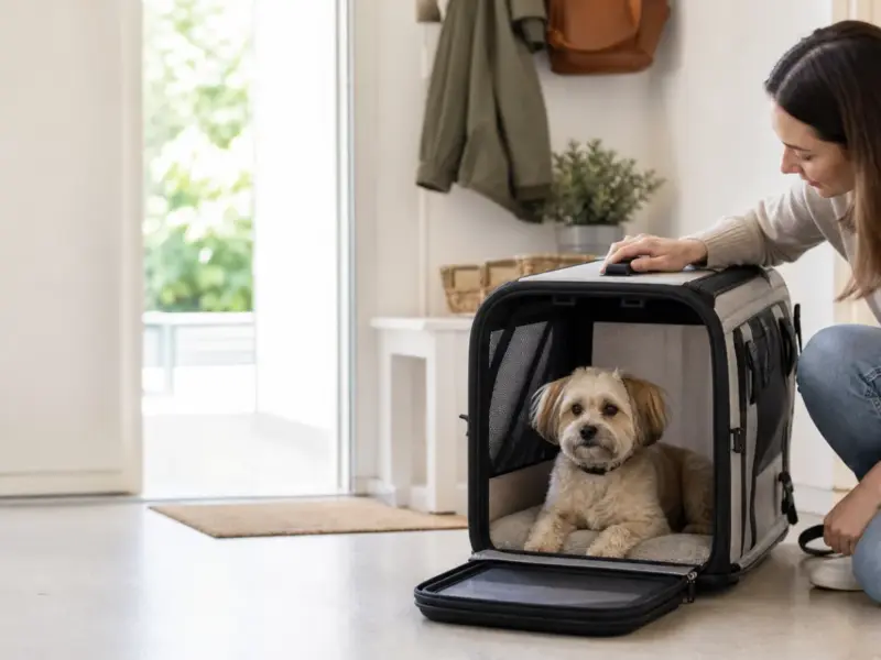 Cane rilassato in un trasportino sicuro e ben ventilato