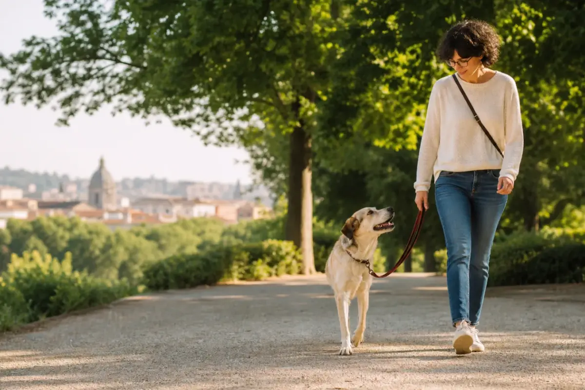 Persona che insegna a un cane a camminare senza tirare al guinzaglio