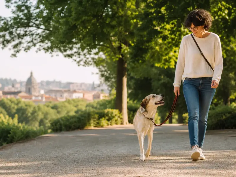 Persona che insegna a un cane a camminare senza tirare al guinzaglio