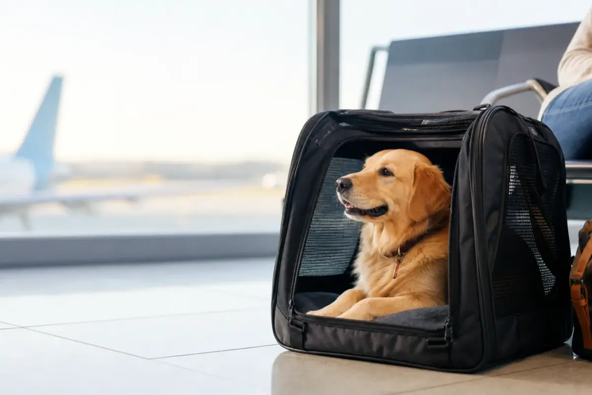 Cane in trasportino idoneo al viaggio aereo, accanto al finestrino di un aeroporto