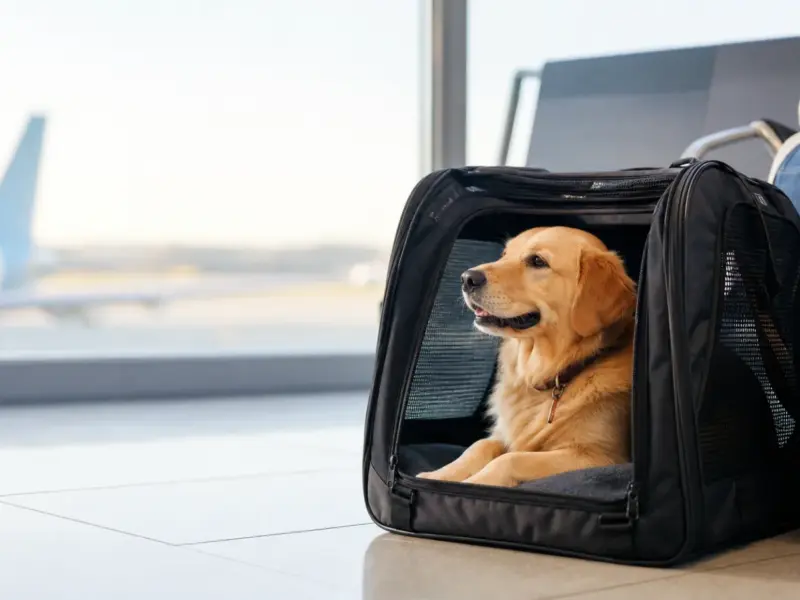 Cane in trasportino idoneo al viaggio aereo, accanto al finestrino di un aeroporto
