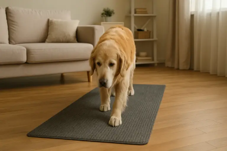 golden retriever cammina tappeto soggiorno