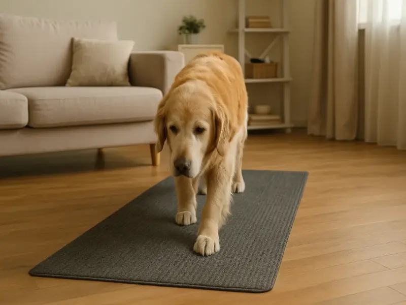 golden retriever cammina tappeto soggiorno