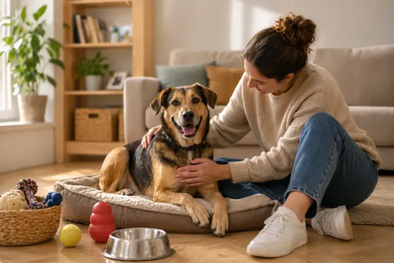 Adottare un Cane: Guida Completa 2026 — Dal Canile ai Primi Mesi a Casa   Image of donna accarezza cane cuccia salotto 768x512