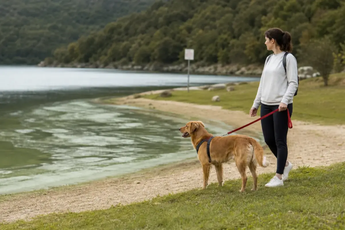 Cane tenuto al guinzaglio lontano da acqua verde sospetta