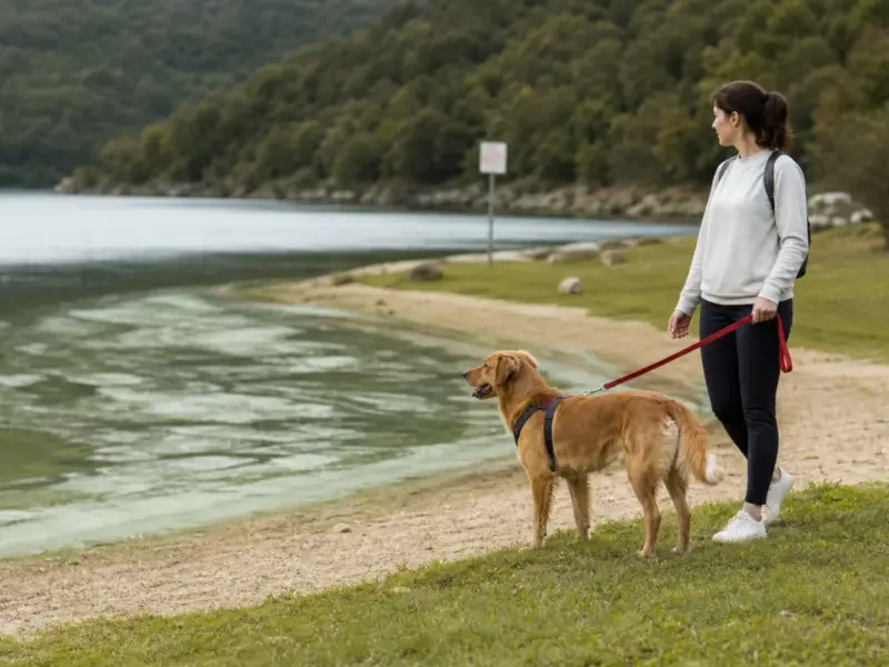Cane tenuto al guinzaglio lontano da acqua verde sospetta