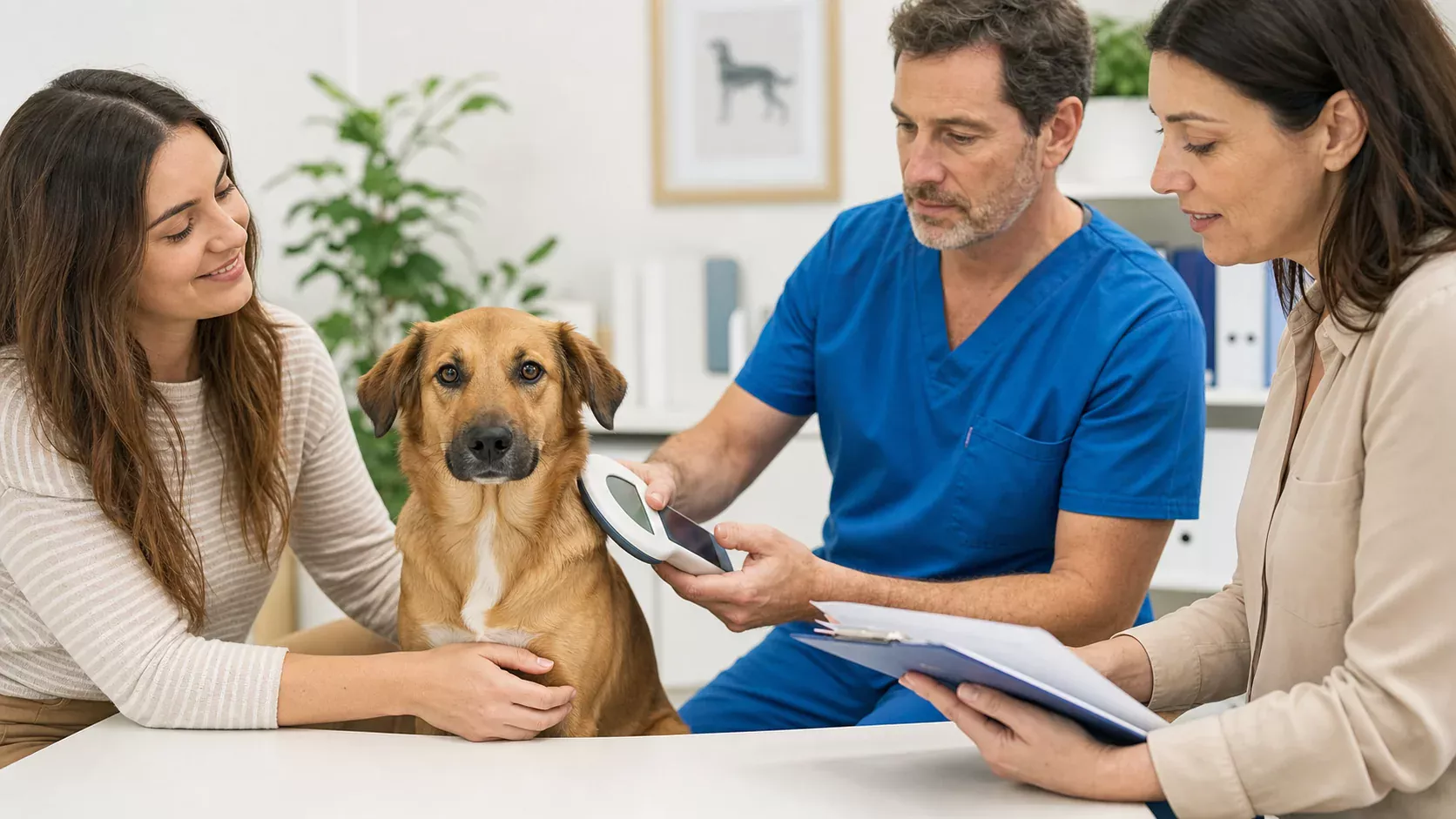 Proprietaria e allevatore controllano i documenti per la cessione di un cane