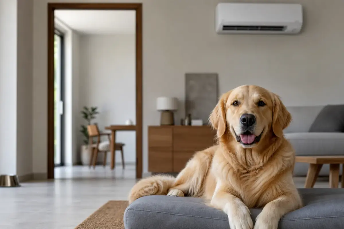 Cane che riposa lontano dal getto diretto del climatizzatore
