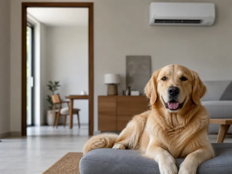 Cane che riposa lontano dal getto diretto del climatizzatore