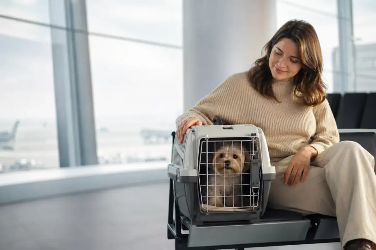 Cane tranquillo in un trasportino idoneo all'interno di un aeroporto - cane in aereo