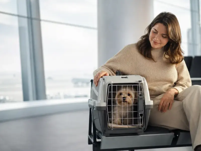 Cane tranquillo in un trasportino idoneo all'interno di un aeroporto - cane in aereo