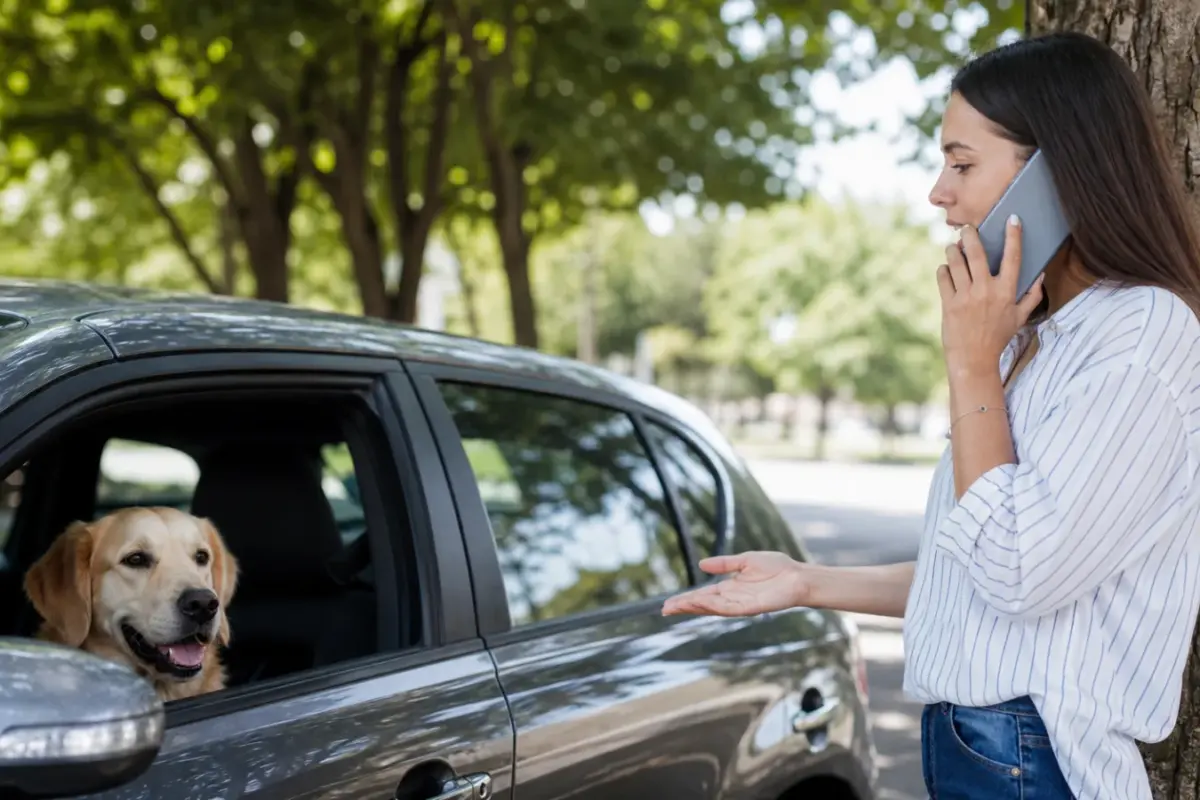 Cane osservato attraverso il finestrino di un'auto parcheggiata all'ombra