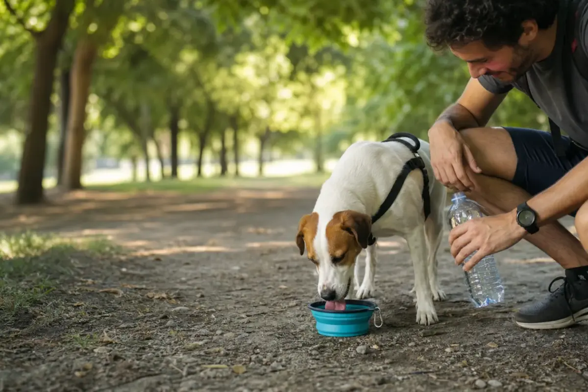 Cane che beve acqua fresca da una ciotola durante una passeggiata estiva