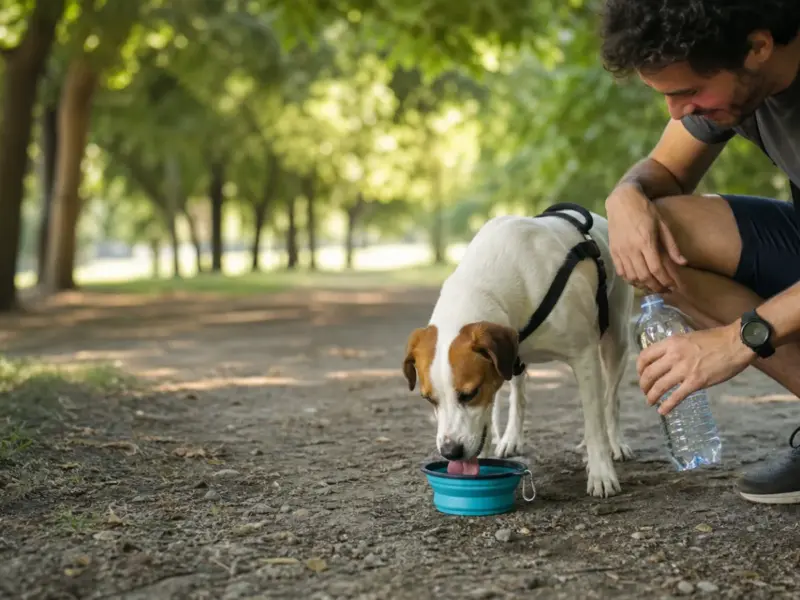 Cane che beve acqua fresca da una ciotola durante una passeggiata estiva