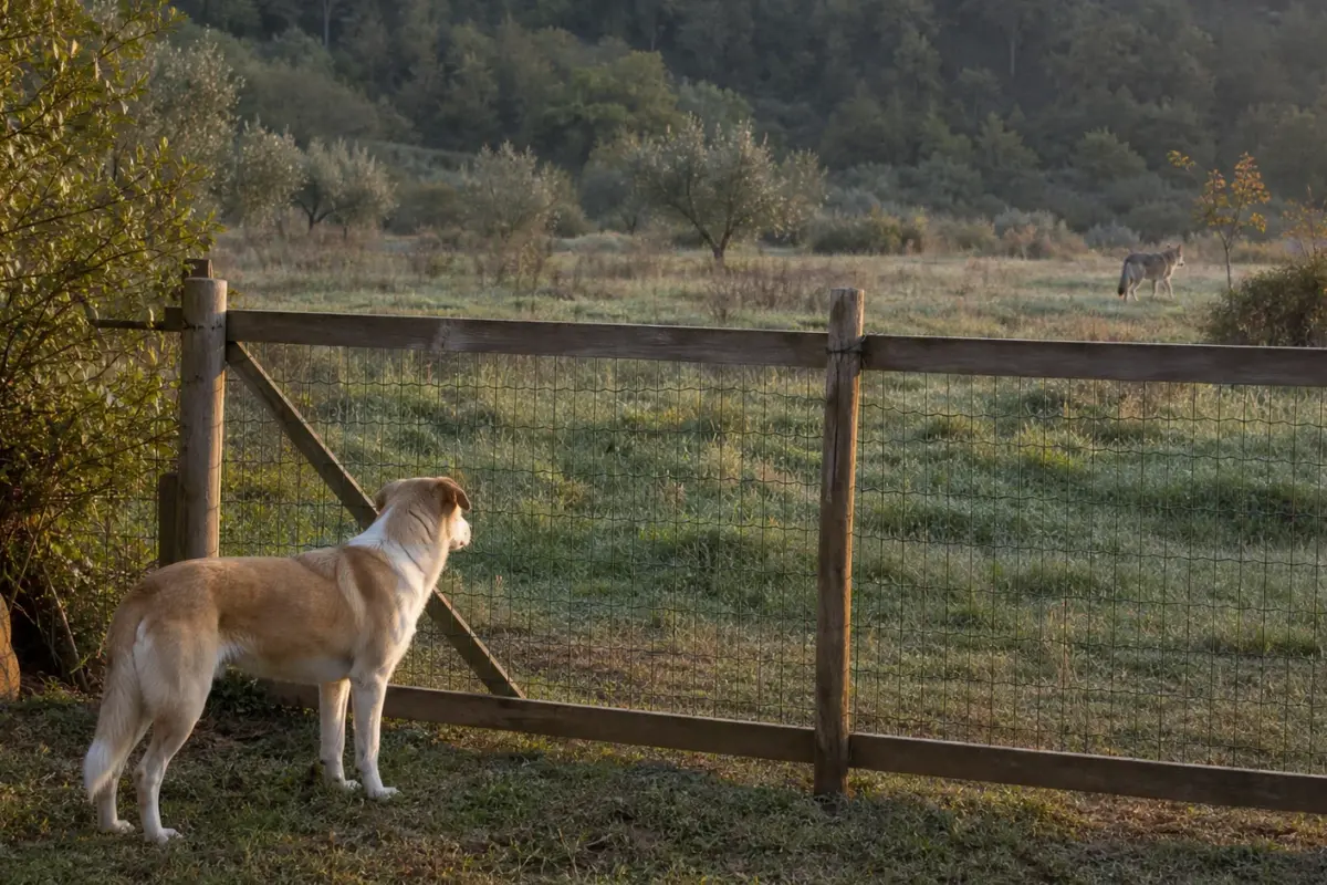 Cane al sicuro dietro una recinzione mentre un lupo si allontana