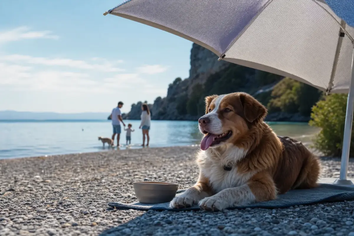 Cane sotto un ombrellone con acqua fresca in una spiaggia pet-friendly