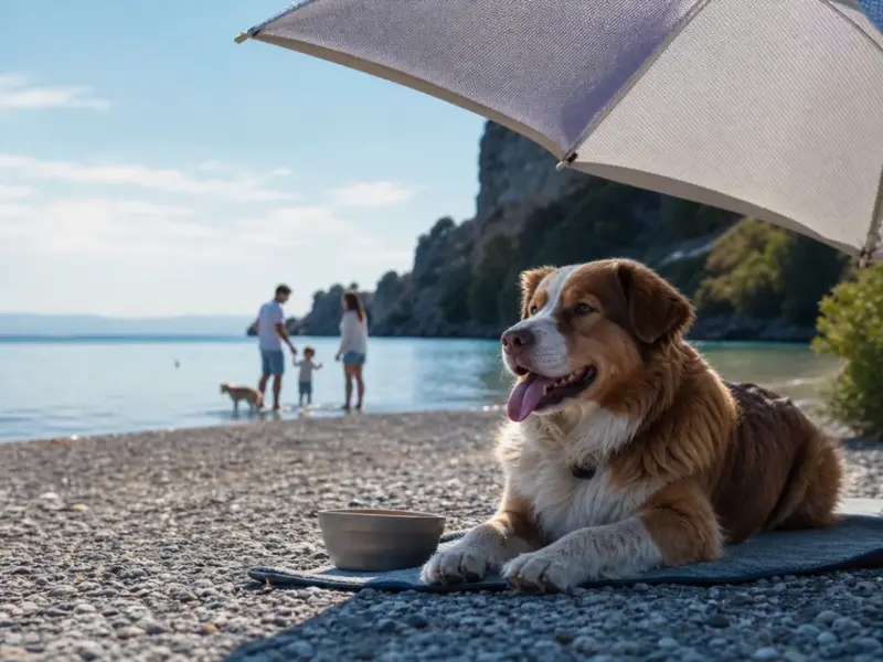 Cane sotto un ombrellone con acqua fresca in una spiaggia pet-friendly