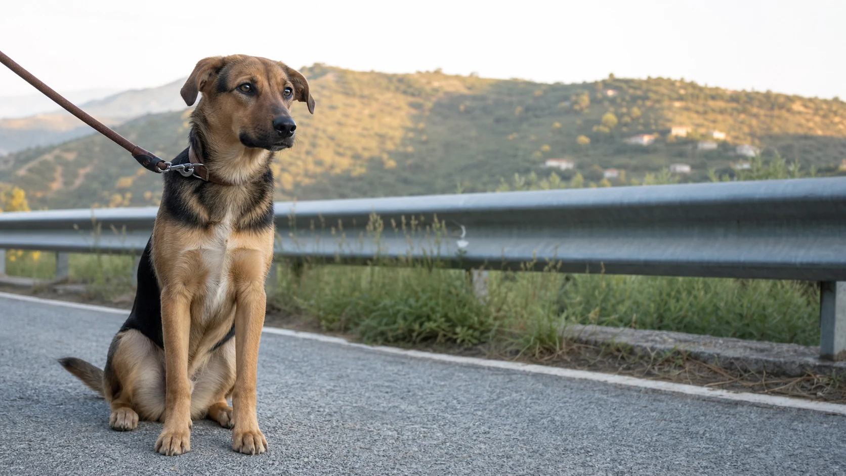 Cane legato a un guardrail soccorso lungo una strada di Genova