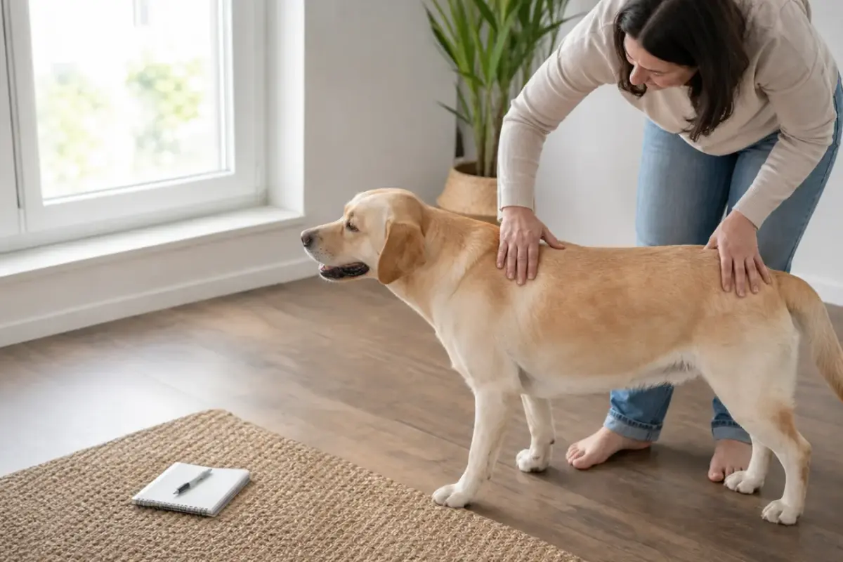 Proprietaria che osserva dall'alto la forma fisica del proprio cane - cane in sovrappeso