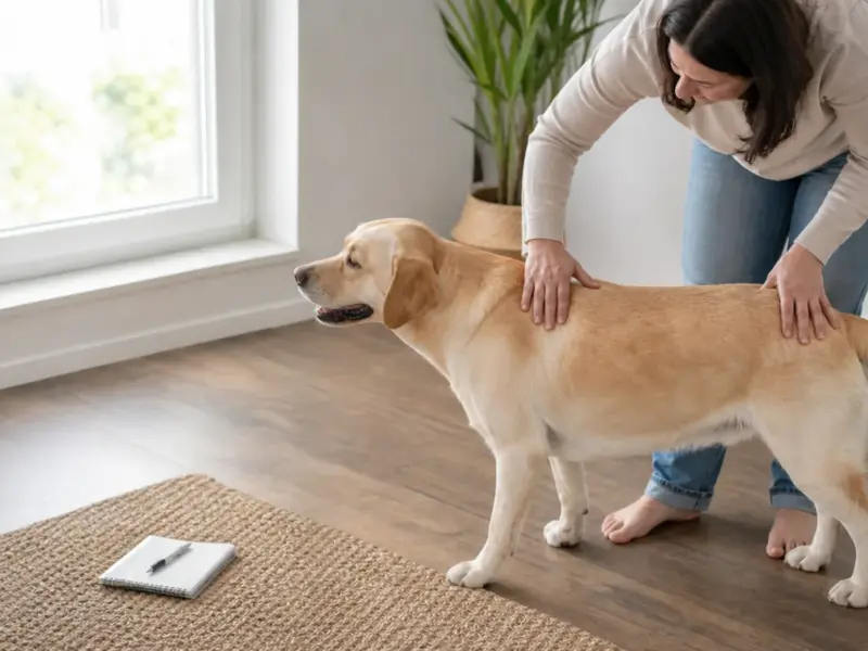 Proprietaria che osserva dall'alto la forma fisica del proprio cane - cane in sovrappeso