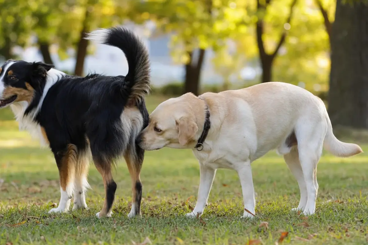 Due cani che si salutano annusandosi in un parco