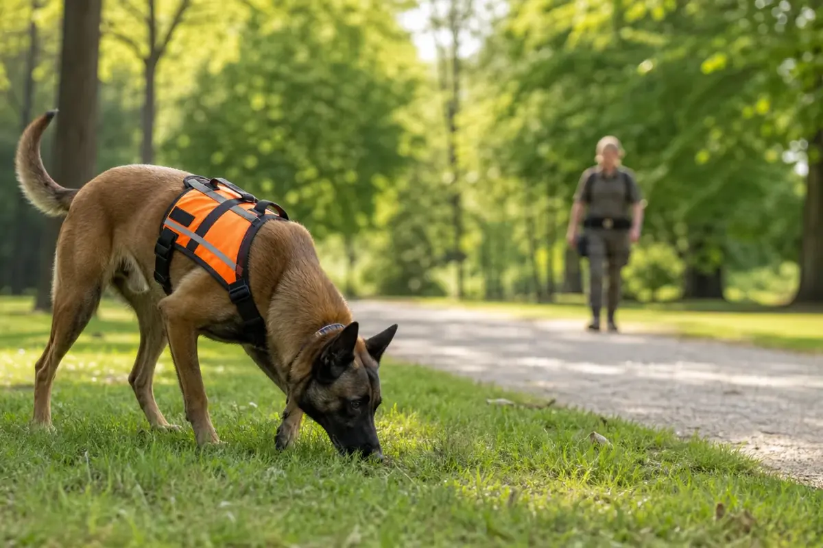 Cane anti-esca con pettorina ad alta visibilità durante una ricerca in un parco