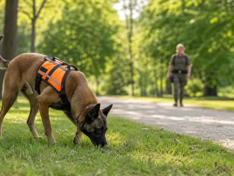 Cane anti-esca con pettorina ad alta visibilità durante una ricerca in un parco