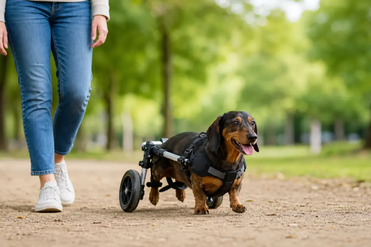 Cane con carrellini regolabili per cani con disabilità motoria in una situazione d'uso realistica