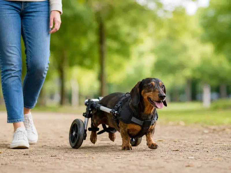 Cane con carrellini regolabili per cani con disabilità motoria in una situazione d'uso realistica