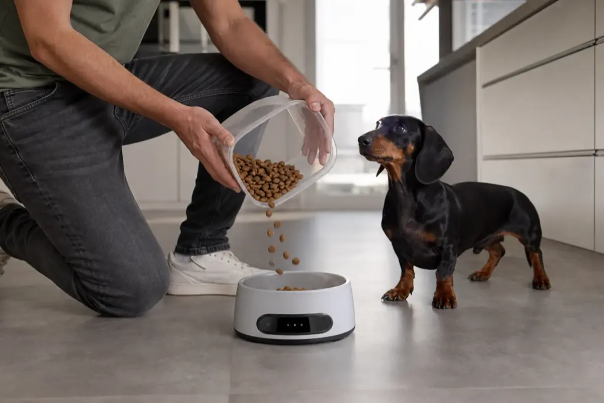 Cane con ciotole intelligenti con bilancia integrata in una situazione d'uso realistica - ciotola smart con bilancia