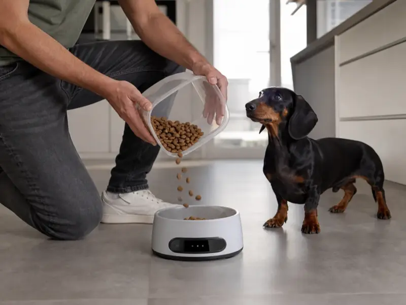 Cane con ciotole intelligenti con bilancia integrata in una situazione d'uso realistica - ciotola smart con bilancia