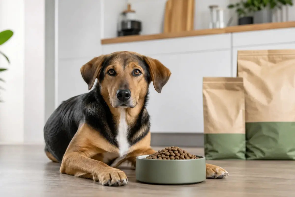 Cane con cibo per cani a base di proteine d'insetto in una situazione d'uso realistica