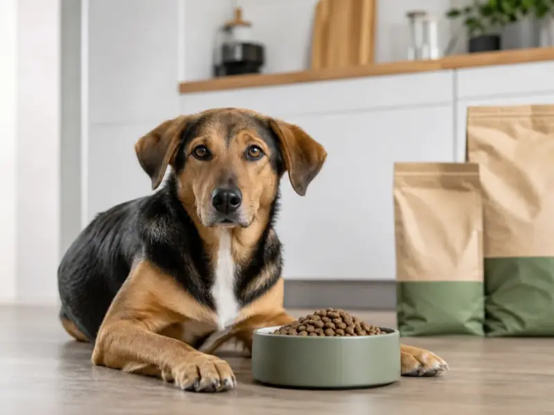Cane con cibo per cani a base di proteine d'insetto in una situazione d'uso realistica