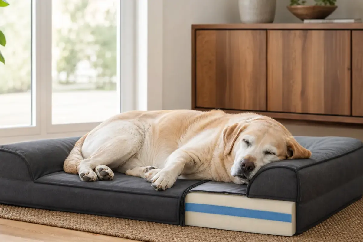 Cane con cucce ortopediche in memory foam in una situazione d'uso realistica - cuccia ortopedica per cani