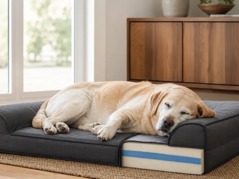 Cane con cucce ortopediche in memory foam in una situazione d'uso realistica - cuccia ortopedica per cani