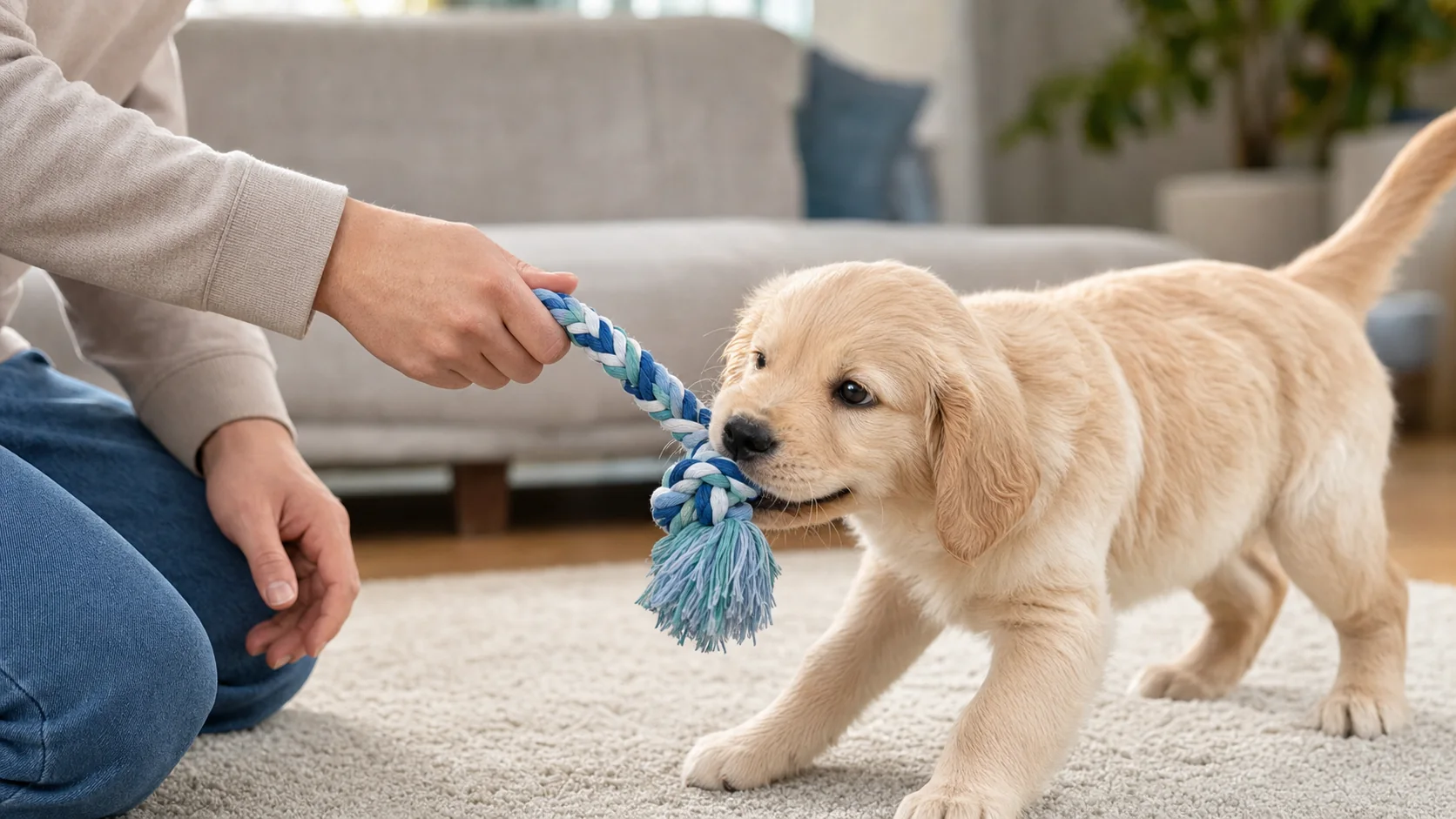Persona che interrompe con calma il gioco quando il cucciolo morde le mani - cucciolo che morde mani e vestiti