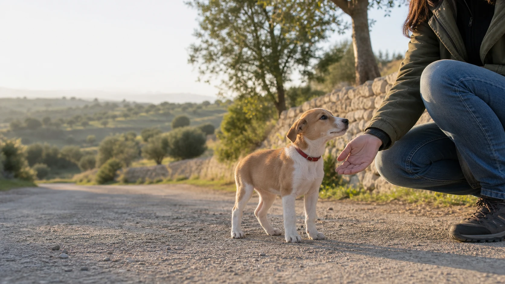 Cucciolo con una volontaria in una strada di campagna, immagine editoriale sul recupero e l’adozione