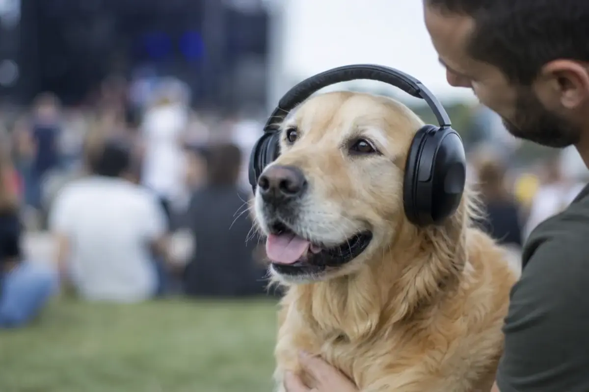 Cane con cuffie e protezioni antirumore per cani in una situazione d'uso realistica - cuffie antirumore per cani