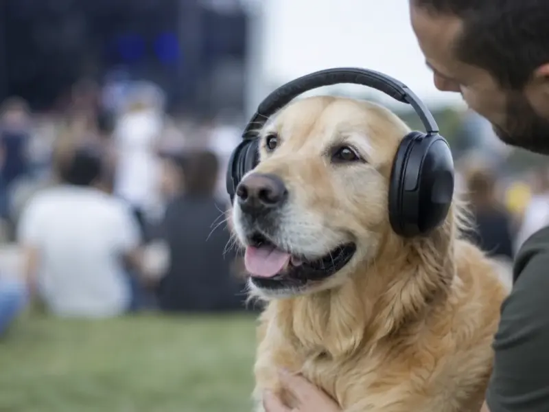 Cane con cuffie e protezioni antirumore per cani in una situazione d'uso realistica - cuffie antirumore per cani