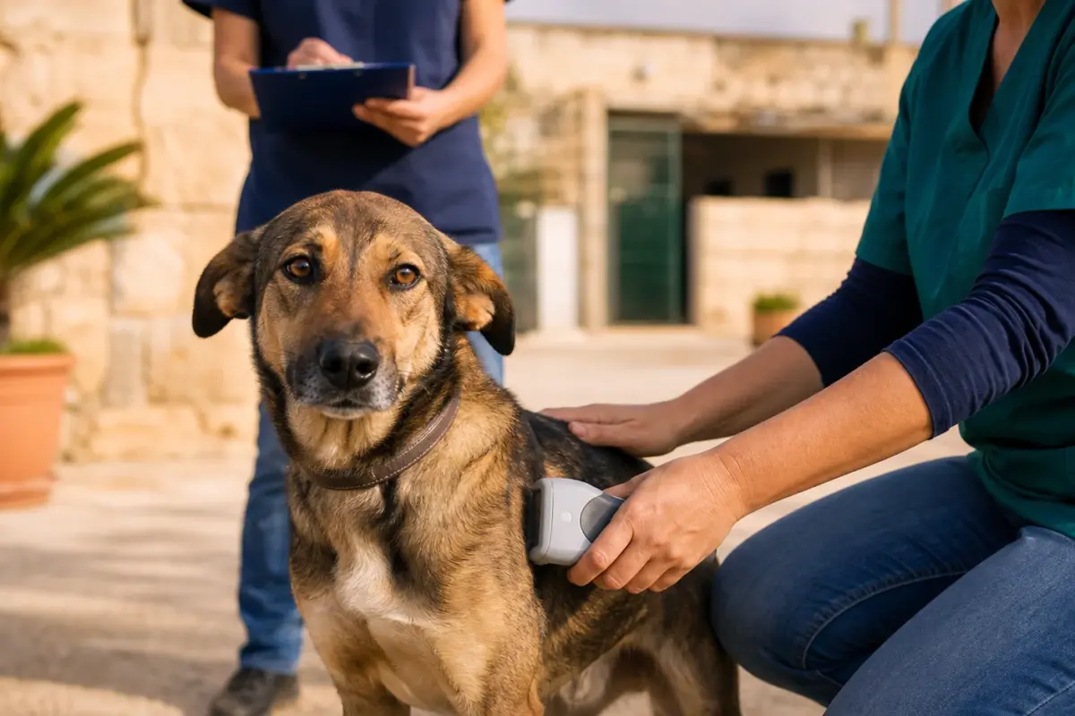 Cane randagio sottoposto al controllo del microchip in un rifugio siciliano