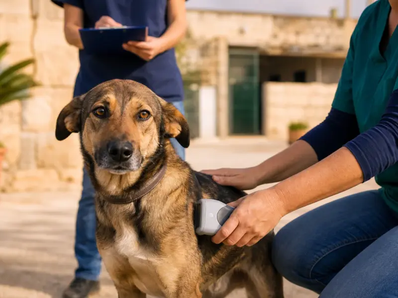 Cane randagio sottoposto al controllo del microchip in un rifugio siciliano