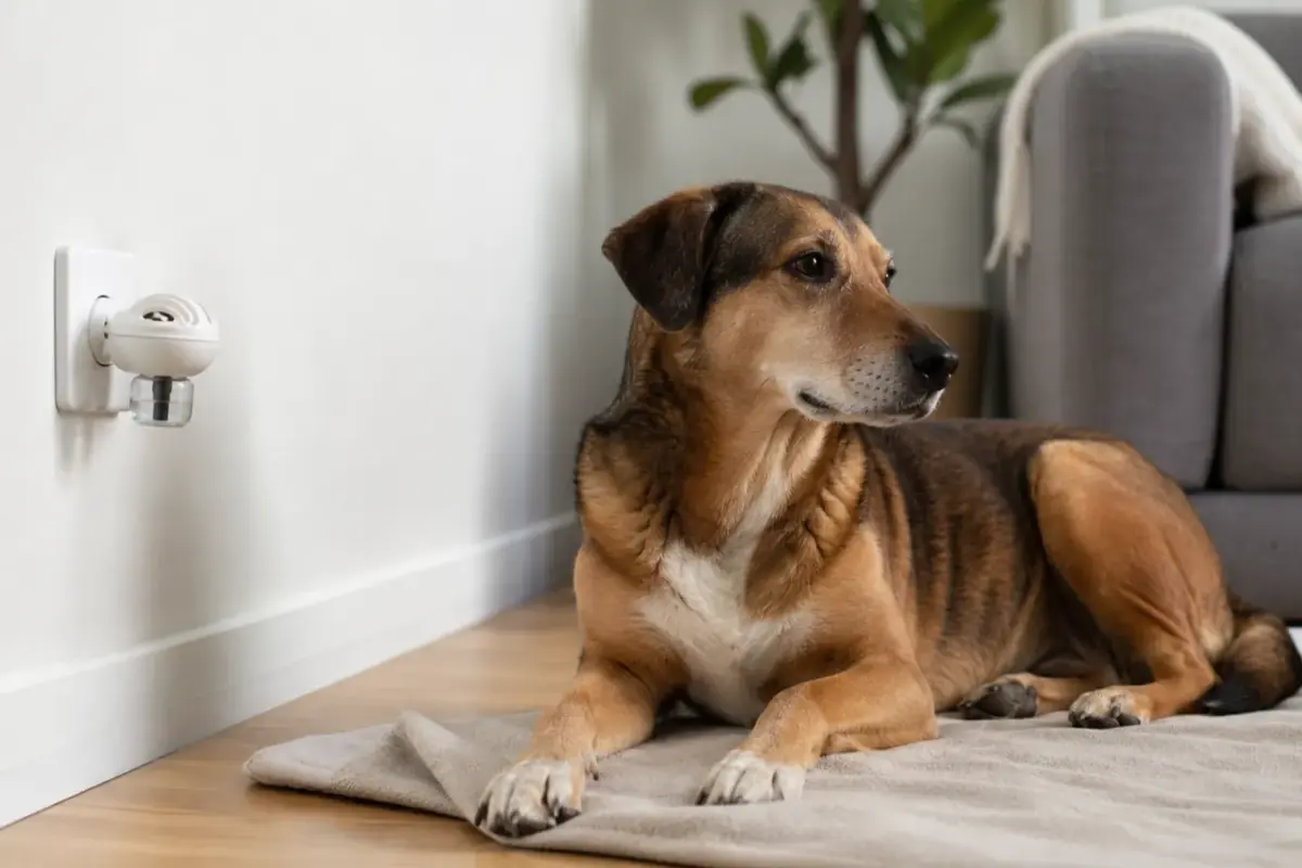 Cane con diffusori di feromoni calmanti in una situazione d'uso realistica - diffusore di feromoni per cani
