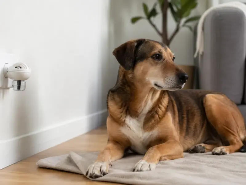 Cane con diffusori di feromoni calmanti in una situazione d'uso realistica - diffusore di feromoni per cani